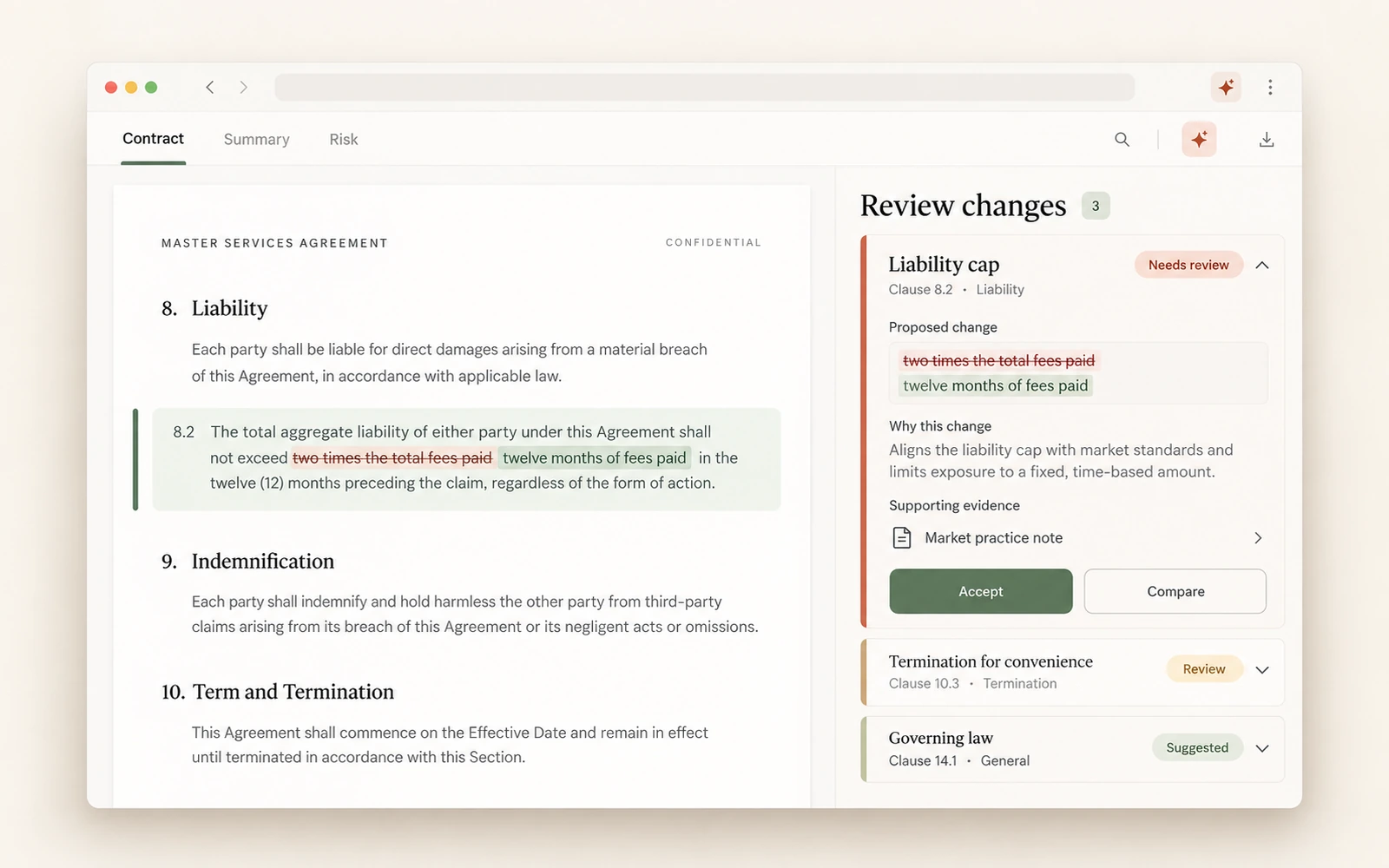 Illustrative mockup of a contract review panel showing a proposed change to a liability clause