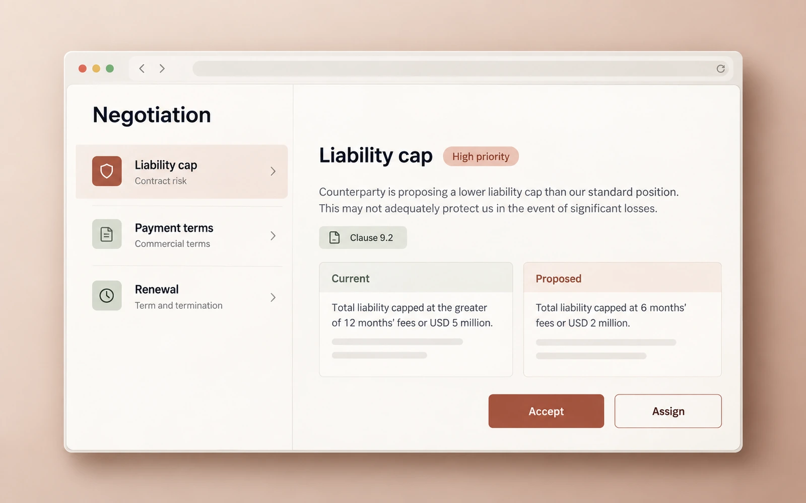 Illustrative mockup of a negotiation view comparing current and proposed liability terms