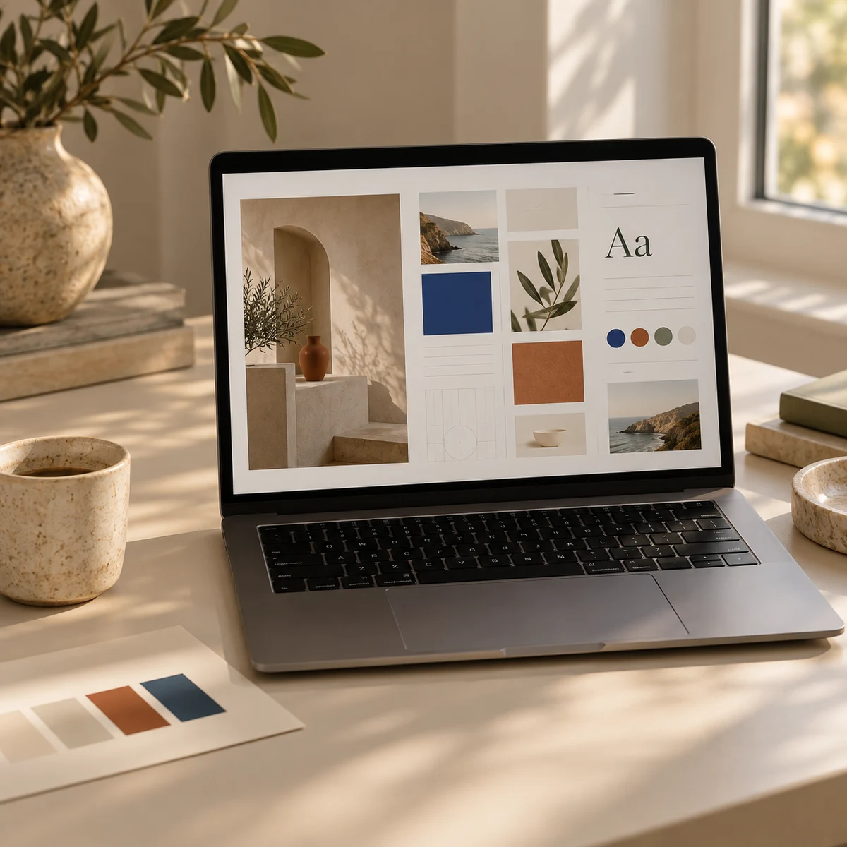 Laptop showing a design layout with colour swatches