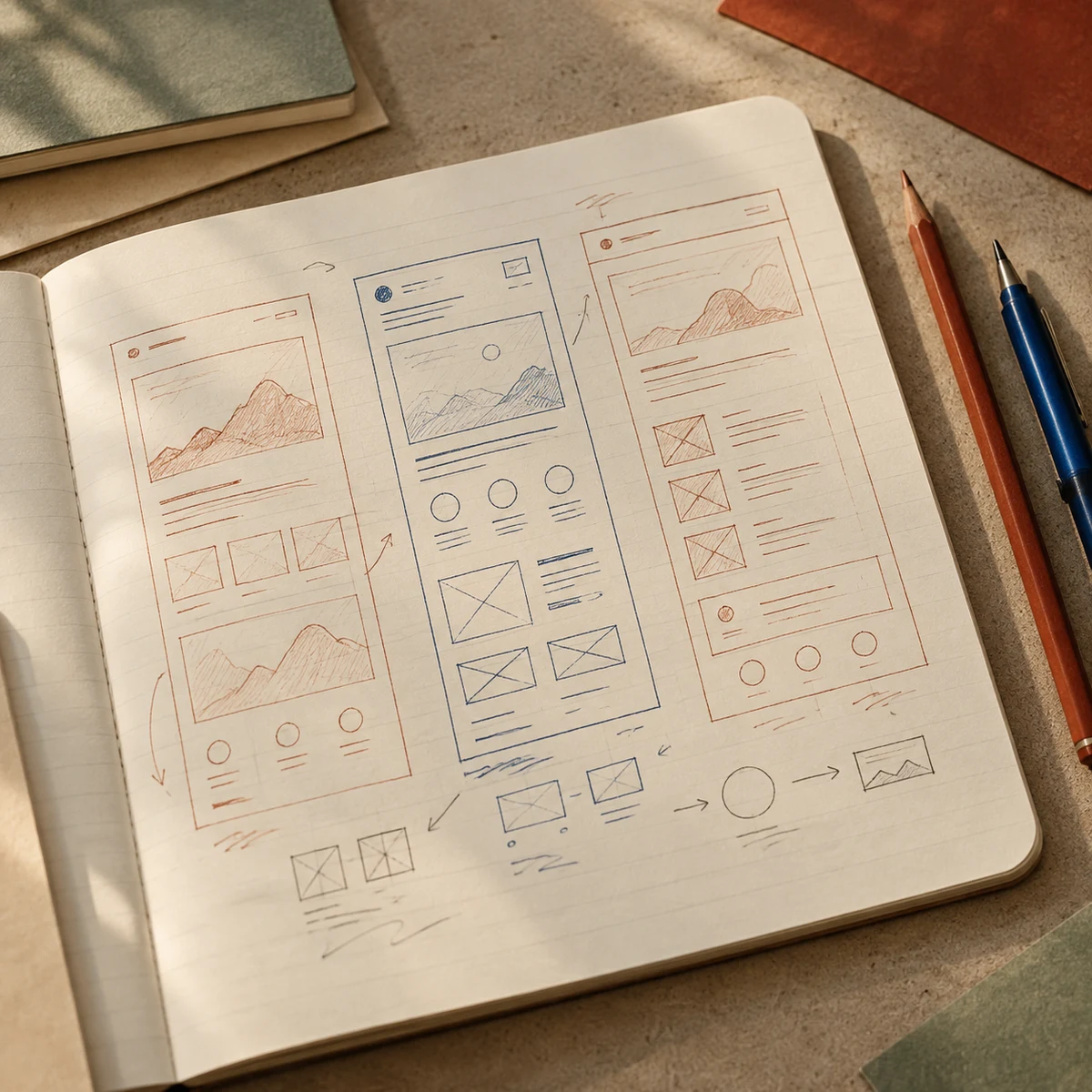 Sketchbook with wireframe sketches and pencils
