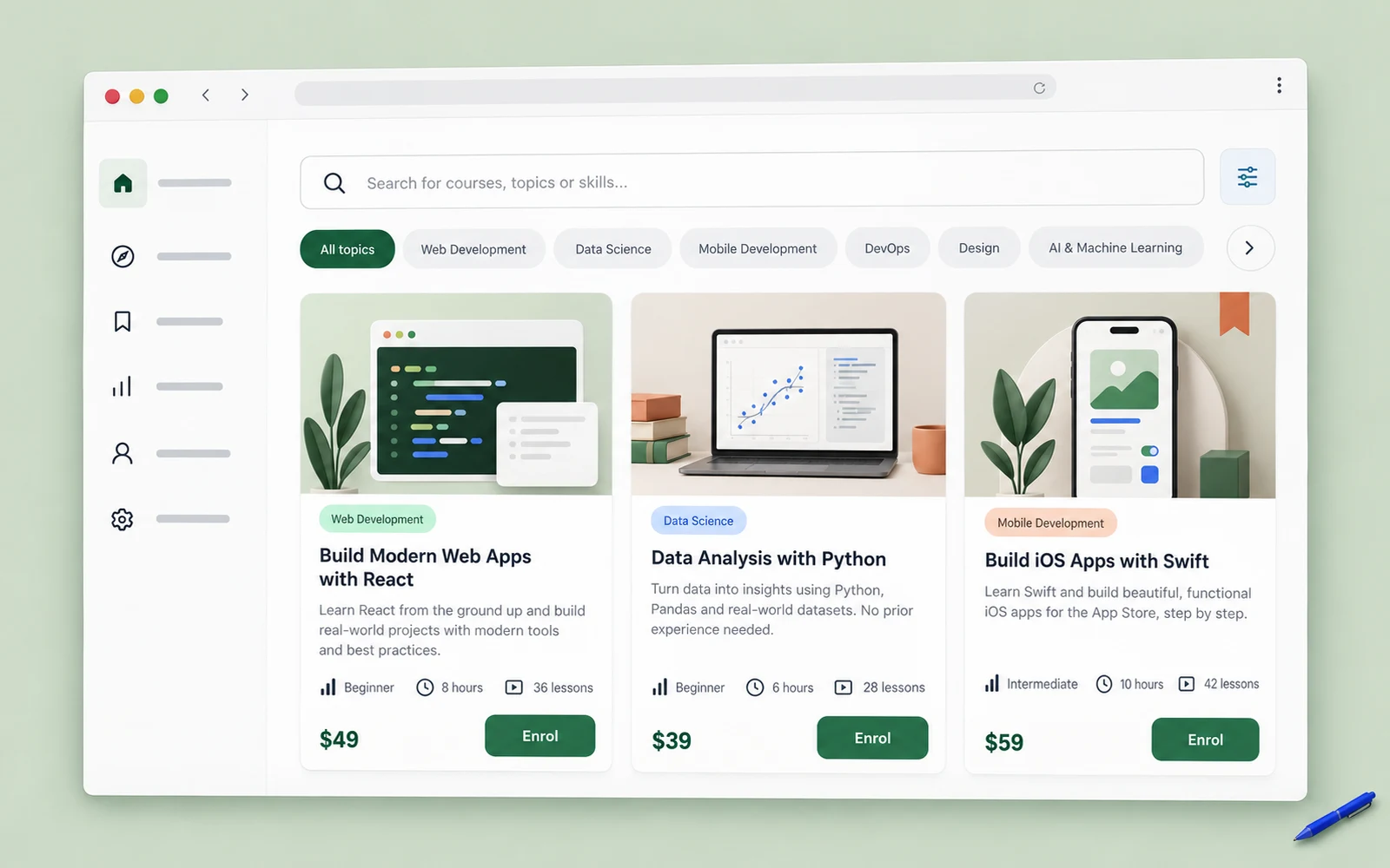 Illustration of a course catalogue with search and filters