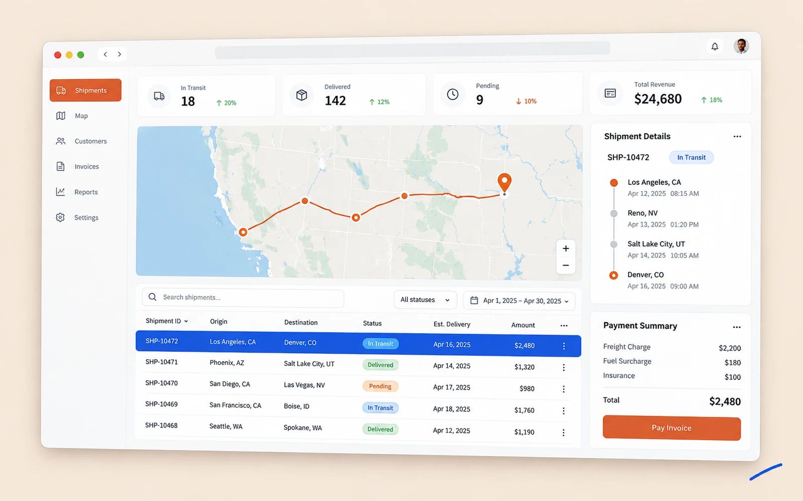 Illustration of a shipment tracking map with a payment summary